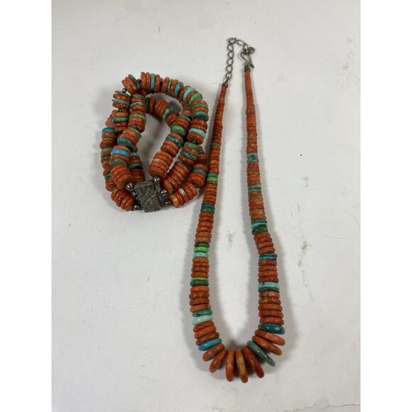 Turquoise & Coral Necklace and Bracelet Set – Sterling Silver Southwest - Picture 2 of 8